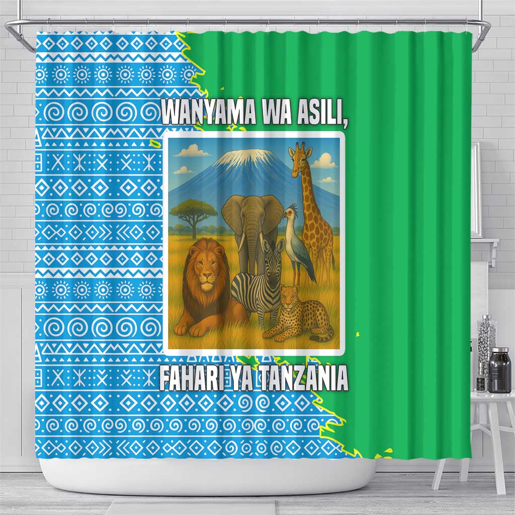 Tanzania Wildlife Shower Curtain - Tribal Print and Mount Kilimanjaro Safari Scene