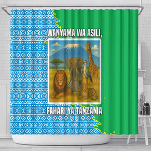 Tanzania Wildlife Shower Curtain - Tribal Print and Mount Kilimanjaro Safari Scene