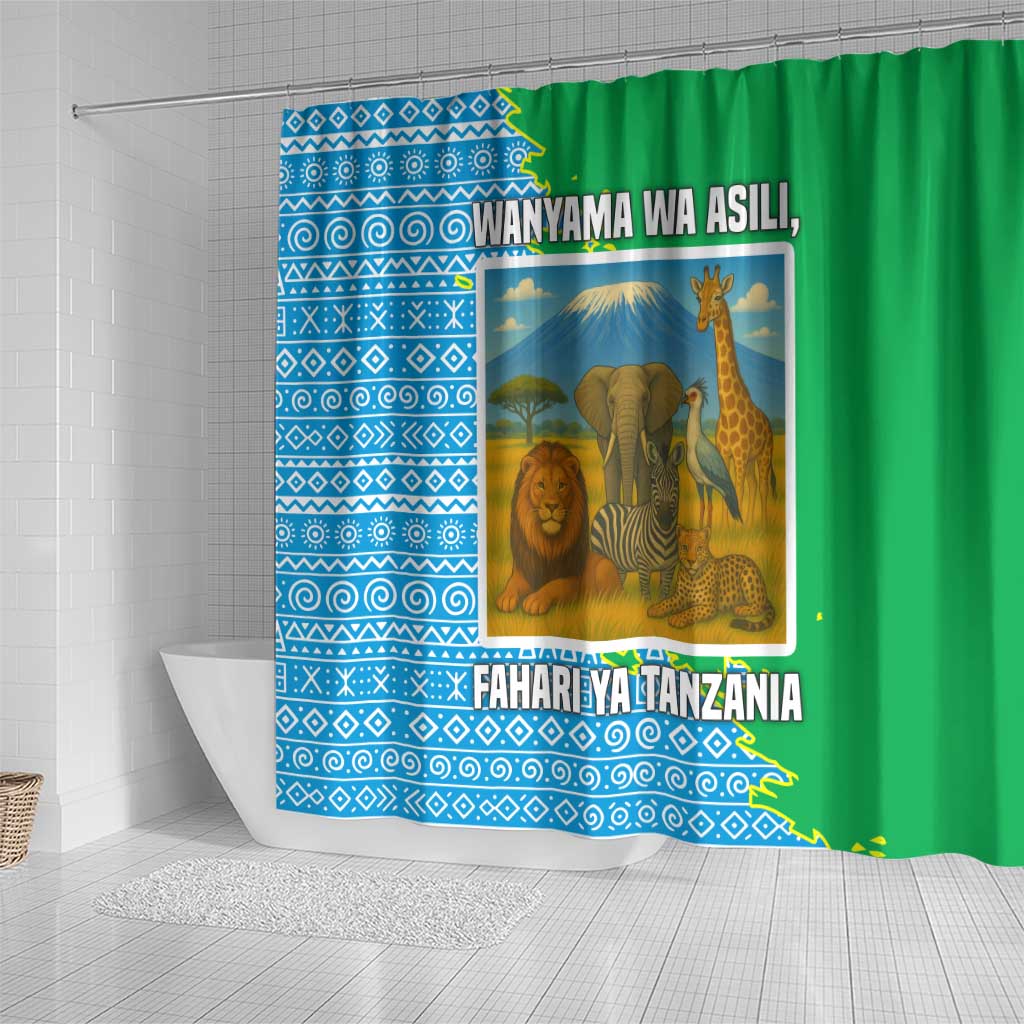 Tanzania Wildlife Shower Curtain - Tribal Print and Mount Kilimanjaro Safari Scene
