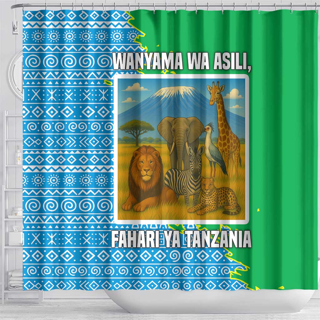 Tanzania Wildlife Shower Curtain - Tribal Print and Mount Kilimanjaro Safari Scene