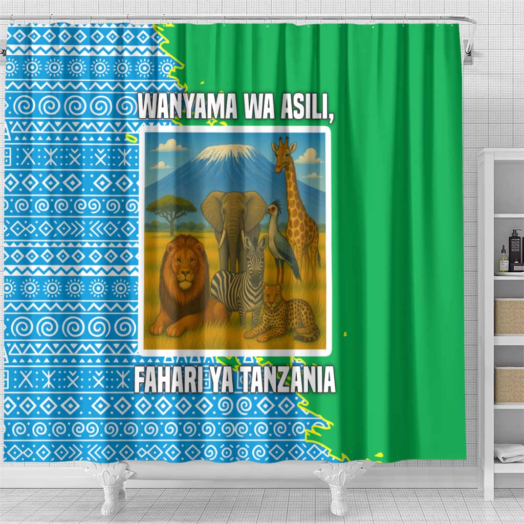 Tanzania Wildlife Shower Curtain - Tribal Print and Mount Kilimanjaro Safari Scene