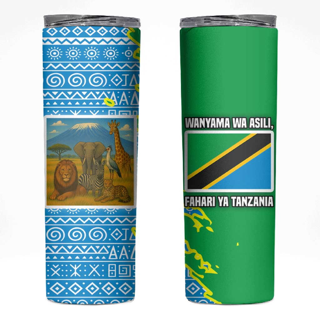 Tanzania Wildlife Skinny Tumbler - Tribal Print and Mount Kilimanjaro Safari Scene