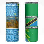 Tanzania Wildlife Skinny Tumbler - Tribal Print and Mount Kilimanjaro Safari Scene