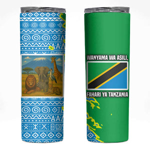 Tanzania Wildlife Skinny Tumbler - Tribal Print and Mount Kilimanjaro Safari Scene