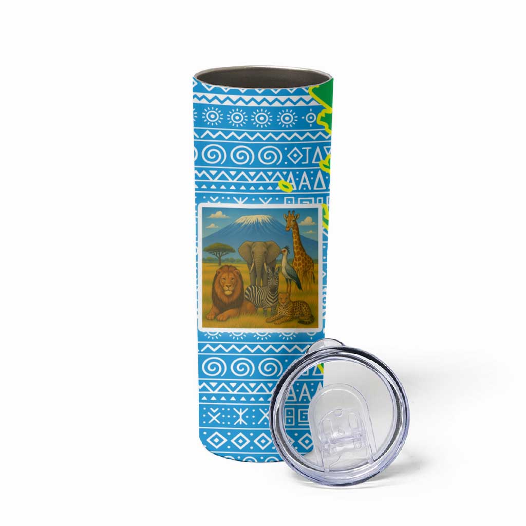 Tanzania Wildlife Skinny Tumbler - Tribal Print and Mount Kilimanjaro Safari Scene