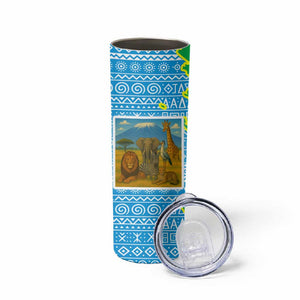 Tanzania Wildlife Skinny Tumbler - Tribal Print and Mount Kilimanjaro Safari Scene