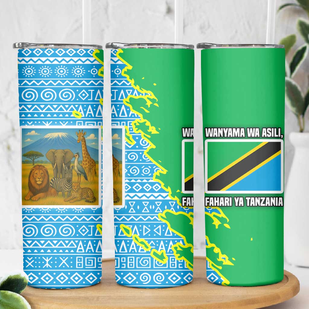 Tanzania Wildlife Skinny Tumbler - Tribal Print and Mount Kilimanjaro Safari Scene
