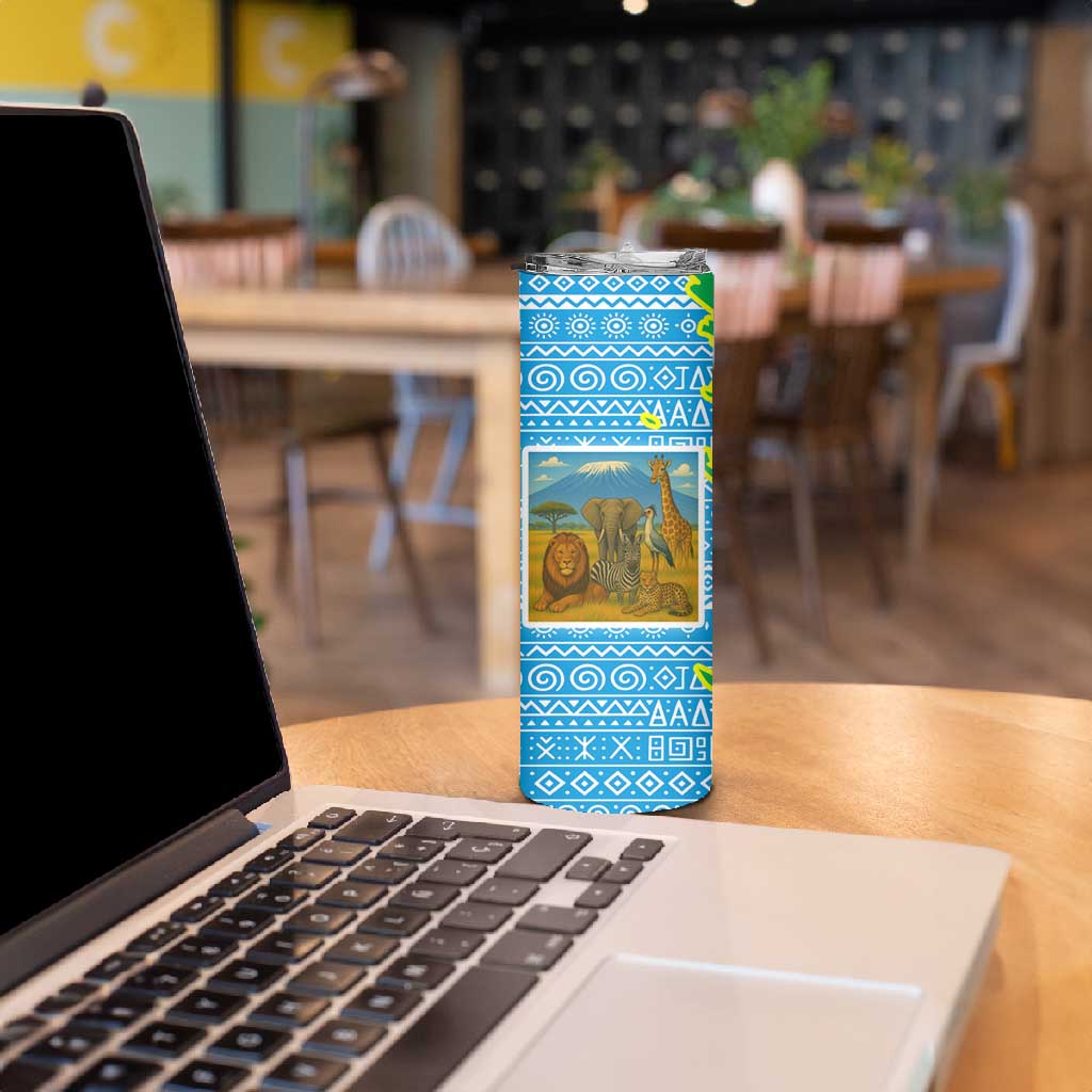 Tanzania Wildlife Skinny Tumbler - Tribal Print and Mount Kilimanjaro Safari Scene