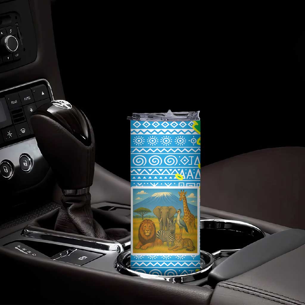 Tanzania Wildlife Skinny Tumbler - Tribal Print and Mount Kilimanjaro Safari Scene
