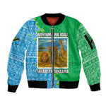 Tanzania Wildlife Sleeve Zip Bomber Jacket - Tribal Print and Mount Kilimanjaro Safari Scene