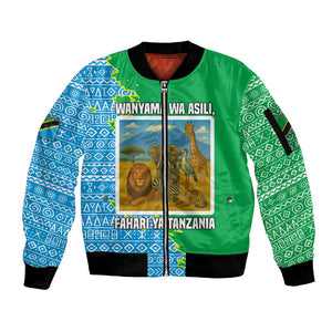 Tanzania Wildlife Sleeve Zip Bomber Jacket - Tribal Print and Mount Kilimanjaro Safari Scene