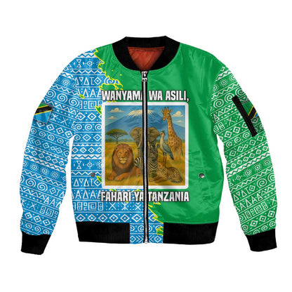 Tanzania Wildlife Sleeve Zip Bomber Jacket - Tribal Print and Mount Kilimanjaro Safari Scene