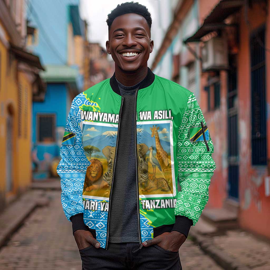 Tanzania Wildlife Sleeve Zip Bomber Jacket - Tribal Print and Mount Kilimanjaro Safari Scene