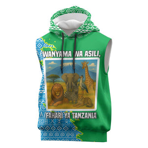 Tanzania Wildlife Sleeveless Hoodie - Tribal Print and Mount Kilimanjaro Safari Scene - African Pride