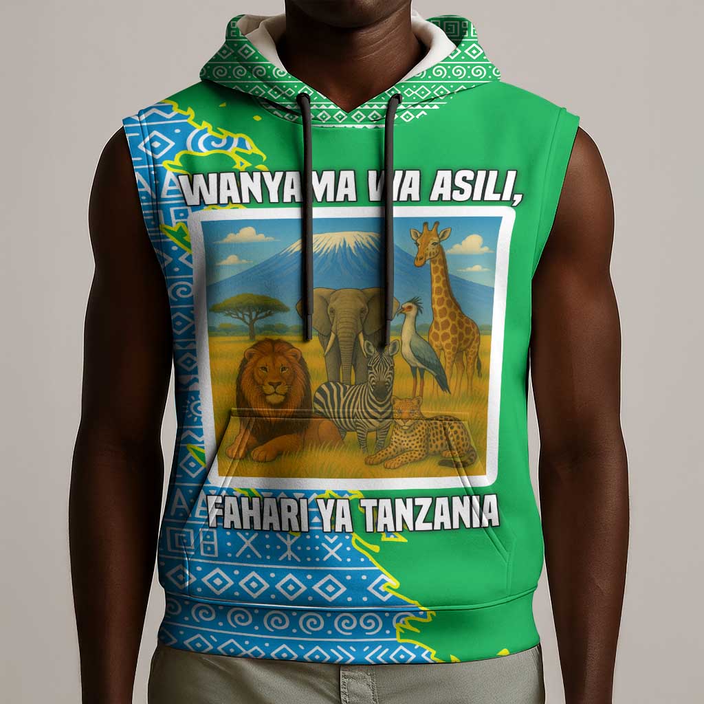 Tanzania Wildlife Sleeveless Hoodie - Tribal Print and Mount Kilimanjaro Safari Scene - African Pride