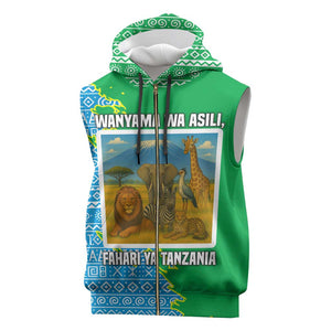 Tanzania Wildlife Sleeveless Zip Hoodie - Tribal Print and Mount Kilimanjaro Safari Scene - African Pride