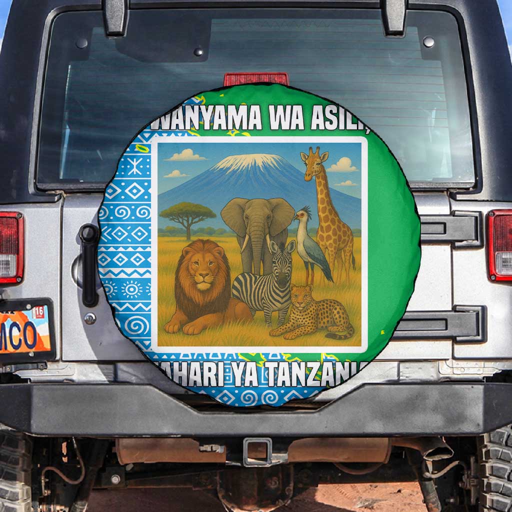 Tanzania Wildlife Spare Tire Cover - Tribal Print and Mount Kilimanjaro Safari Scene