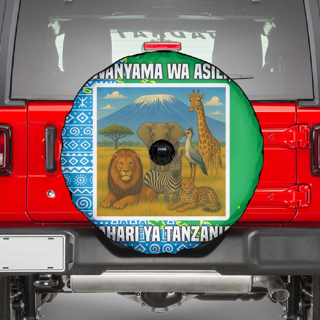 Tanzania Wildlife Spare Tire Cover - Tribal Print and Mount Kilimanjaro Safari Scene