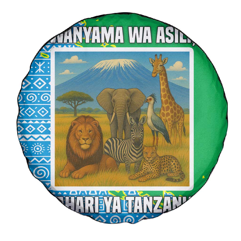 Tanzania Wildlife Spare Tire Cover - Tribal Print and Mount Kilimanjaro Safari Scene
