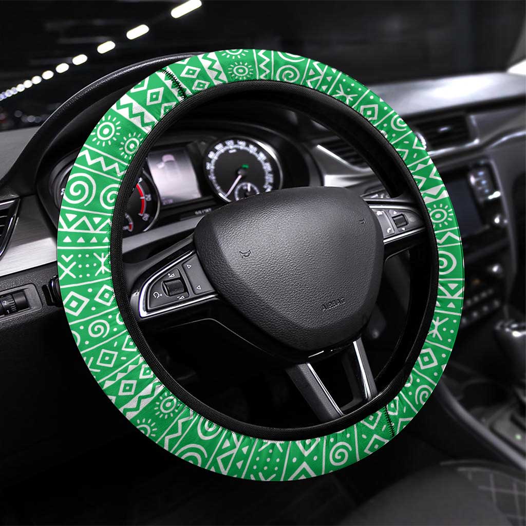 Tanzania Wildlife Steering Wheel Cover - Tribal Print and Mount Kilimanjaro Safari Scene