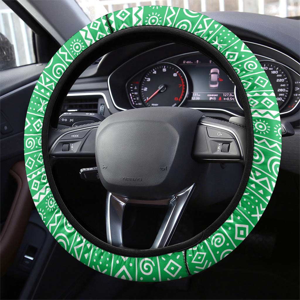 Tanzania Wildlife Steering Wheel Cover - Tribal Print and Mount Kilimanjaro Safari Scene