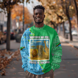 Tanzania Wildlife Sweatshirt - Tribal Print and Mount Kilimanjaro Safari Scene