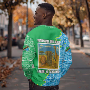 Tanzania Wildlife Sweatshirt - Tribal Print and Mount Kilimanjaro Safari Scene