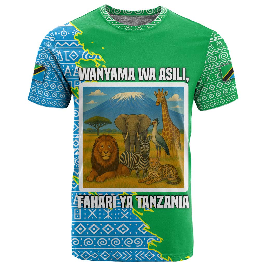Tanzania Wildlife T shirt - Tribal Print and Mount Kilimanjaro Safari Scene