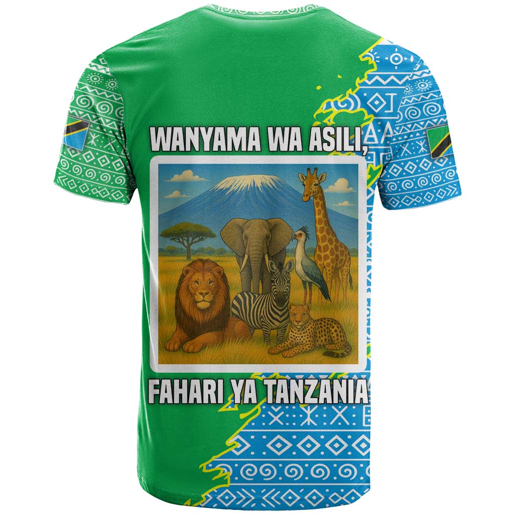 Tanzania Wildlife T shirt - Tribal Print and Mount Kilimanjaro Safari Scene