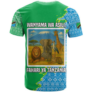 Tanzania Wildlife T shirt - Tribal Print and Mount Kilimanjaro Safari Scene