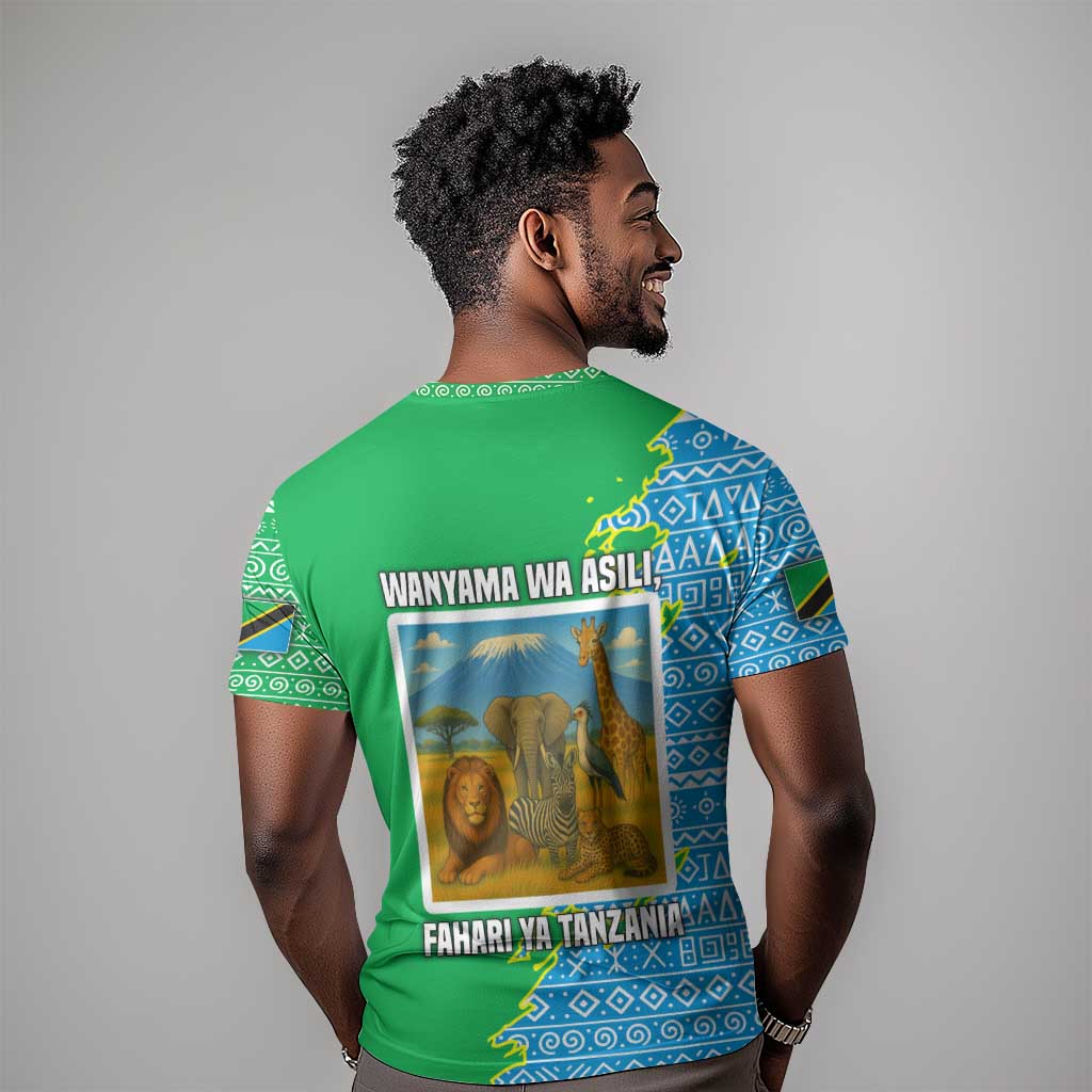 Tanzania Wildlife T shirt - Tribal Print and Mount Kilimanjaro Safari Scene