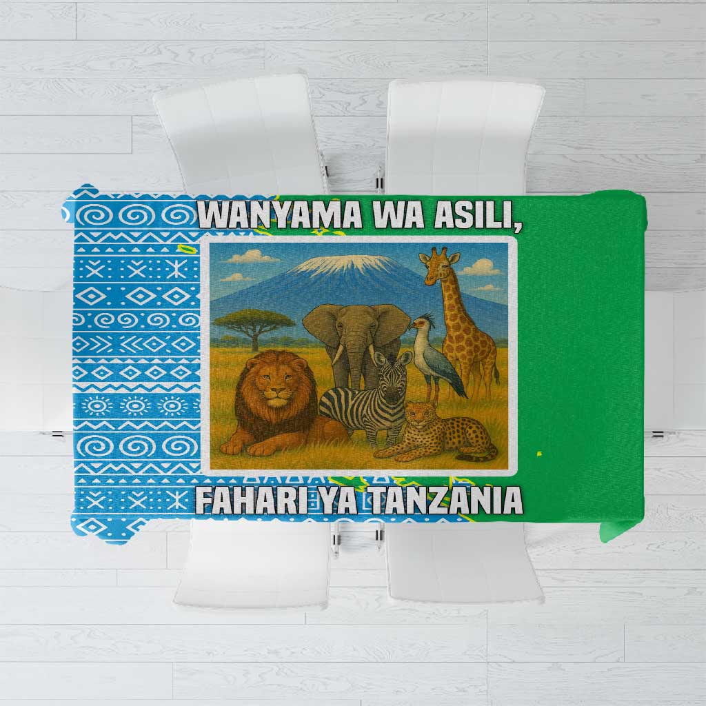 Tanzania Wildlife Tablecloth - Tribal Print and Mount Kilimanjaro Safari Scene