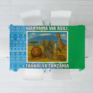 Tanzania Wildlife Tablecloth - Tribal Print and Mount Kilimanjaro Safari Scene