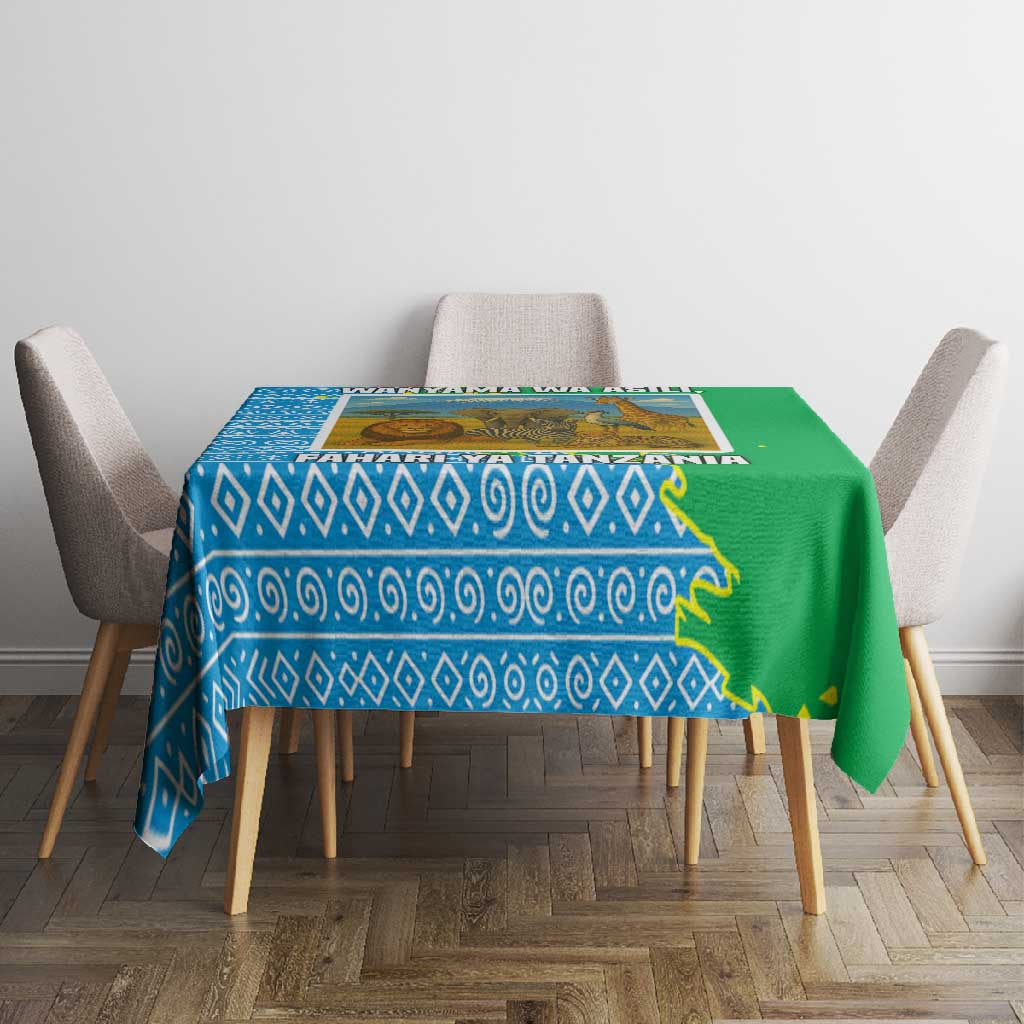 Tanzania Wildlife Tablecloth - Tribal Print and Mount Kilimanjaro Safari Scene