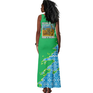 Tanzania Wildlife Tank Maxi Dress - Tribal Print and Mount Kilimanjaro Safari Scene