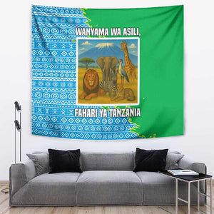 Tanzania Wildlife Tapestry - Tribal Print and Mount Kilimanjaro Safari Scene