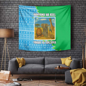 Tanzania Wildlife Tapestry - Tribal Print and Mount Kilimanjaro Safari Scene