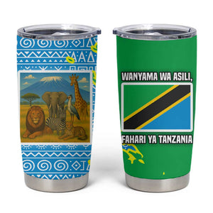 Tanzania Wildlife Tumbler Cup - Tribal Print and Mount Kilimanjaro Safari Scene