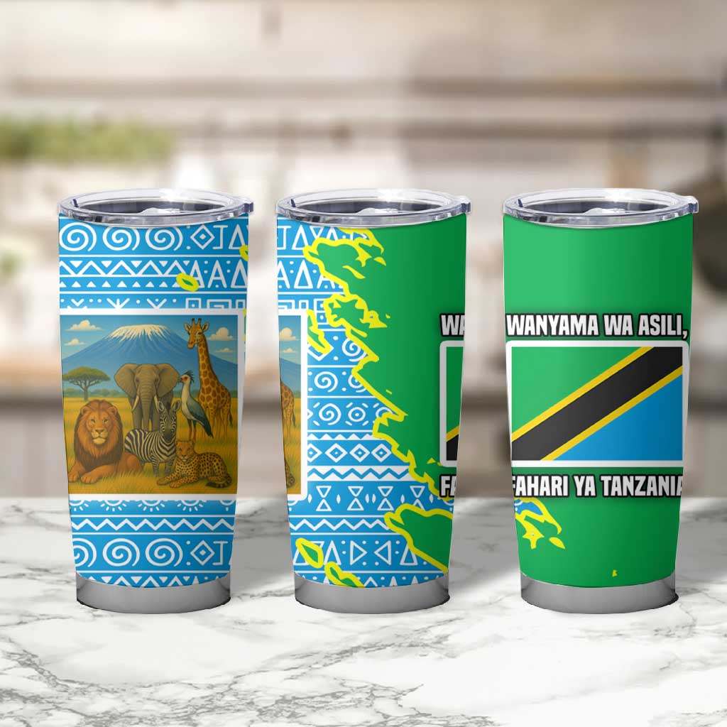 Tanzania Wildlife Tumbler Cup - Tribal Print and Mount Kilimanjaro Safari Scene