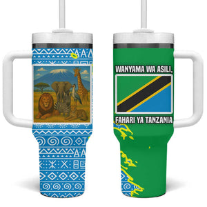 Tanzania Wildlife Tumbler With Handle - Tribal Print and Mount Kilimanjaro Safari Scene