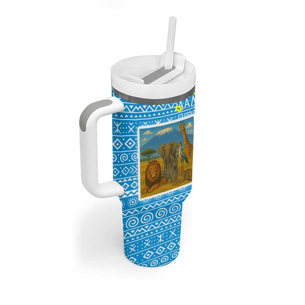 Tanzania Wildlife Tumbler With Handle - Tribal Print and Mount Kilimanjaro Safari Scene