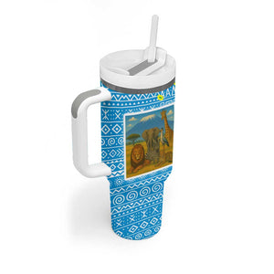 Tanzania Wildlife Tumbler With Handle - Tribal Print and Mount Kilimanjaro Safari Scene