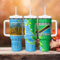 Tanzania Wildlife Tumbler With Handle - Tribal Print and Mount Kilimanjaro Safari Scene
