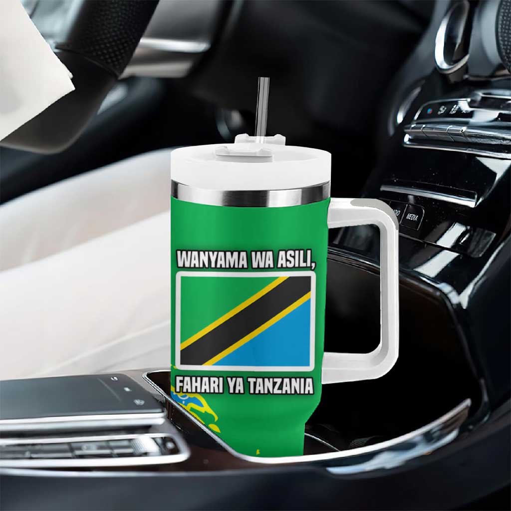 Tanzania Wildlife Tumbler With Handle - Tribal Print and Mount Kilimanjaro Safari Scene