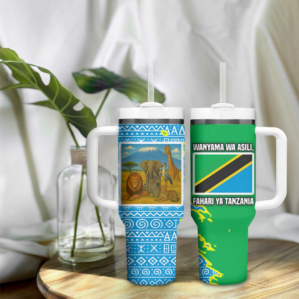 Tanzania Wildlife Tumbler With Handle - Tribal Print and Mount Kilimanjaro Safari Scene