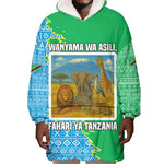 Tanzania Wildlife Wearable Blanket Hoodie - Tribal Print and Mount Kilimanjaro Safari Scene