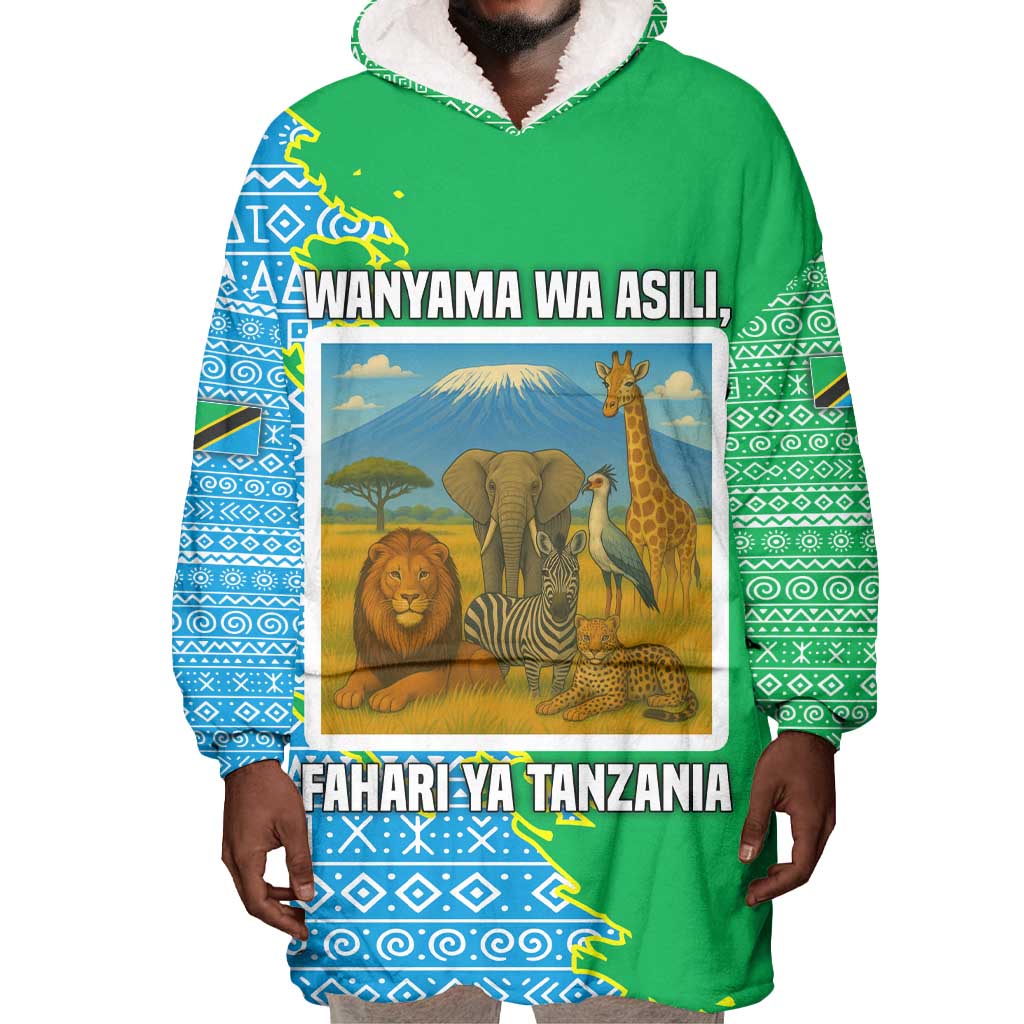 Tanzania Wildlife Wearable Blanket Hoodie - Tribal Print and Mount Kilimanjaro Safari Scene