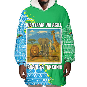 Tanzania Wildlife Wearable Blanket Hoodie - Tribal Print and Mount Kilimanjaro Safari Scene