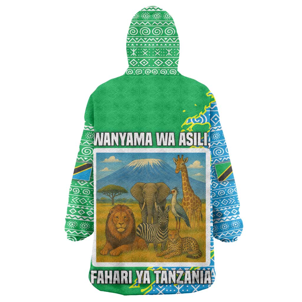 Tanzania Wildlife Wearable Blanket Hoodie - Tribal Print and Mount Kilimanjaro Safari Scene