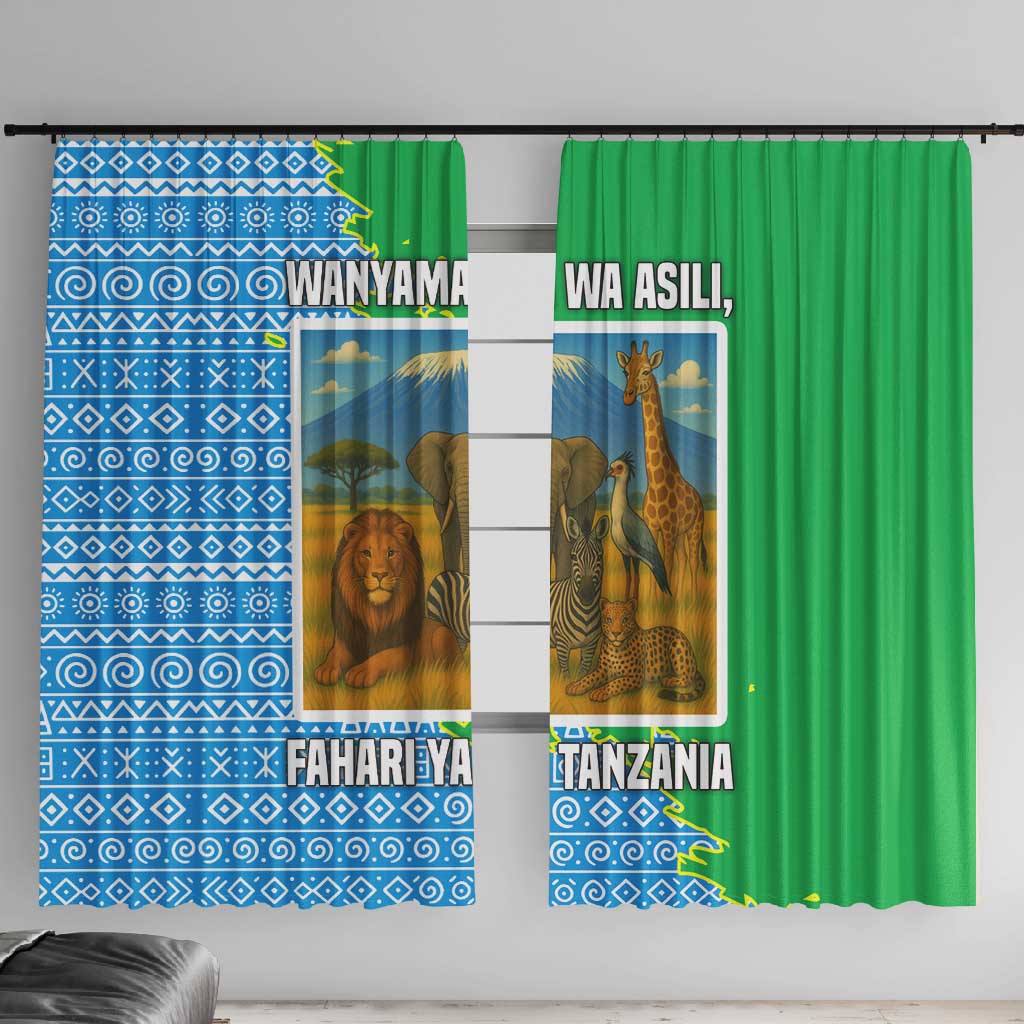 Tanzania Wildlife Window Curtain - Tribal Print and Mount Kilimanjaro Safari Scene